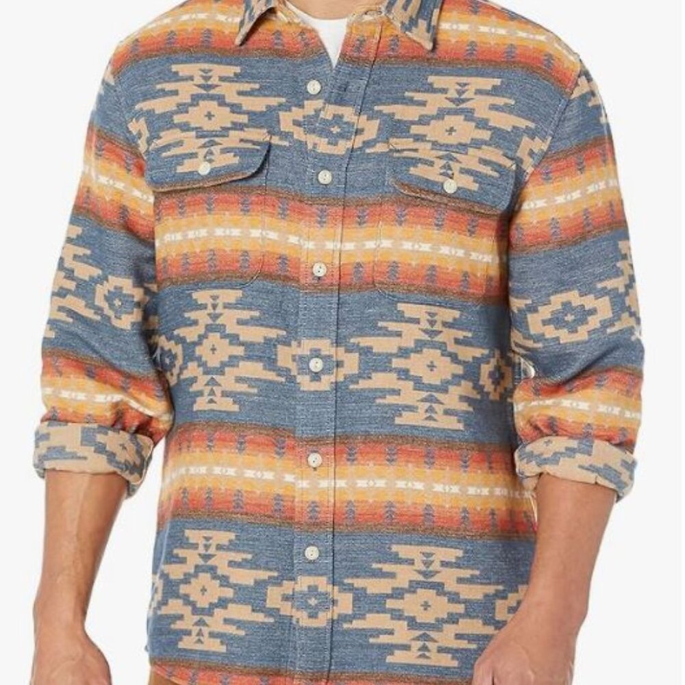 🥼Pendleton Men's Lightweight Button-Up Orange Blue Aztec Shirt Soft 100% Cotton